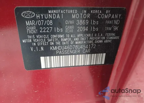 2008 Hyundai Elantra Gls/Se from USA, damaged, VIN KMHDU46D78U454172